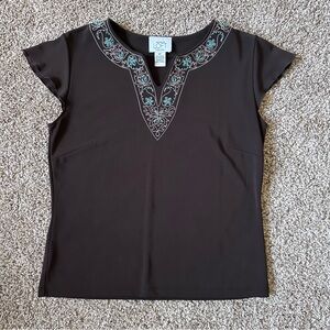 LOFT Brown Top with Turquoise Beads and Embroidery